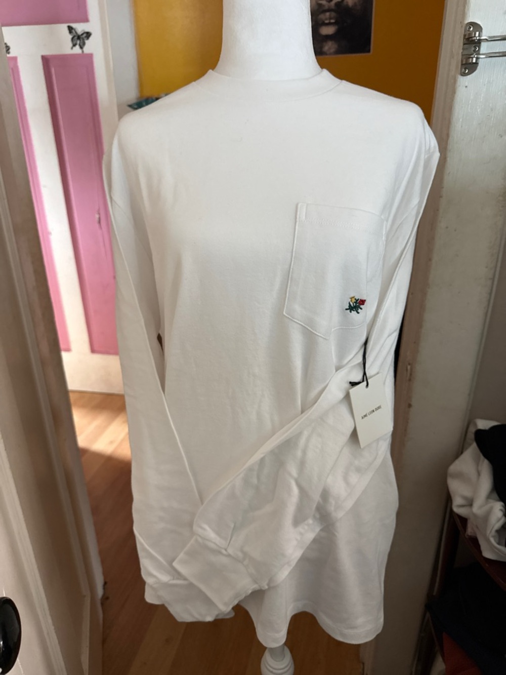 NWT M Aimé Leon Dore Floral Embroidered "A" Pocket Long-Sleeve Tee - White